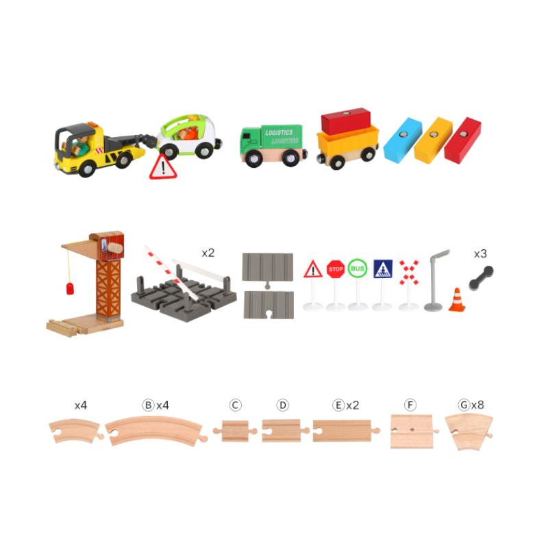 Wooden Train Track Set with Crane Works Rescue Educational Assemble Toys for Boys Girls Compatible with Wooden Rail Pd49