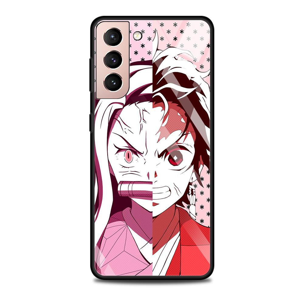 Szklane etui do Samsung Galaxy S21 S20 Ultra S10 Plus Lite S20fe 5g S10e S9 S8 zderzak Shell pokrywa Funda Anime Demon Slayer kolor