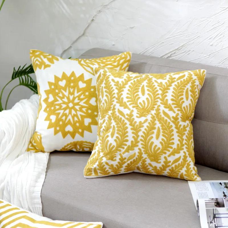 Home Decor Embroidered Cushion Cover Yellow Ginger/White Geometric Floral Canvas Cotton Square Embroidery Pillow Cover 45X45Cm