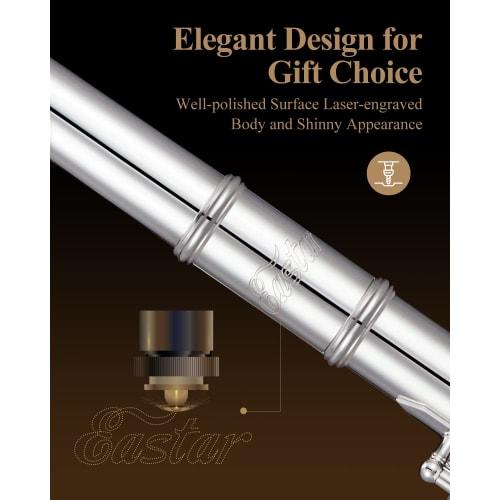 Eastar Silver-Plated 16-Hole Flute with E-Mechanism, Offset, Ring Key, and Flute Stand & Case (Silver) for Beginners