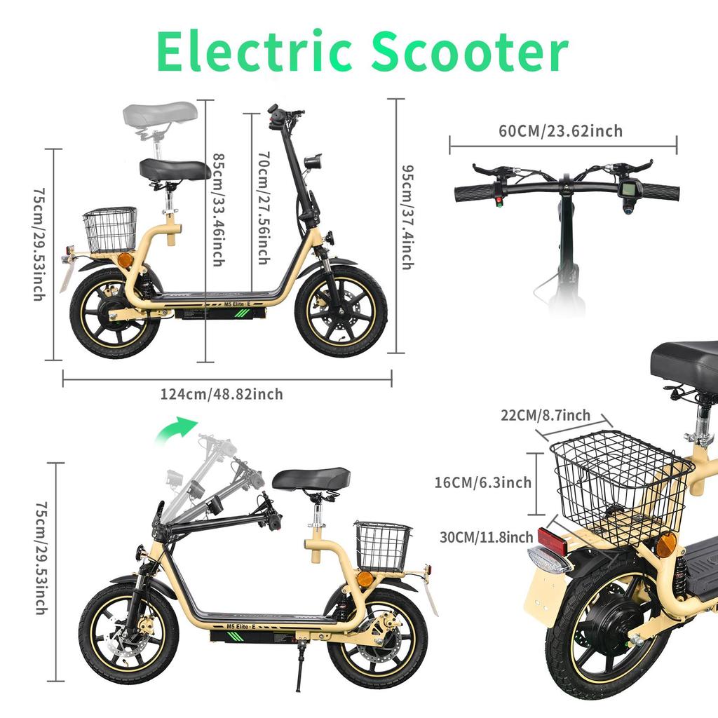 Electric Scooter with Seat TWOFISH M5-Elite-E 14" Tire 500W Motor 48V13Ah Battery Max Speed 40km/h Max Range 30km EEC Certified