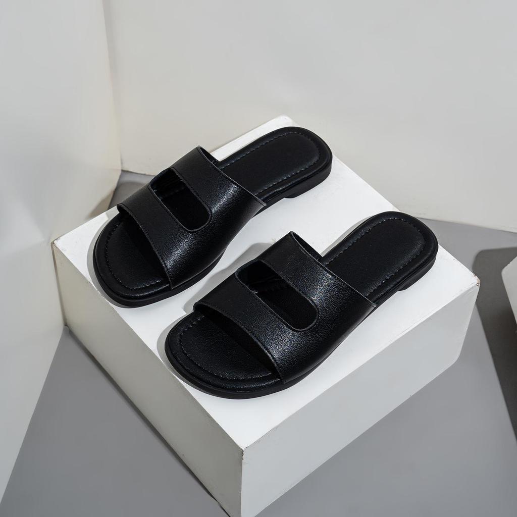 Plus Size Black Leather Flat Women's Sandals - Soft, Comfortable, Single Strap, Fashionable Hollow Outdoor Flip Flops