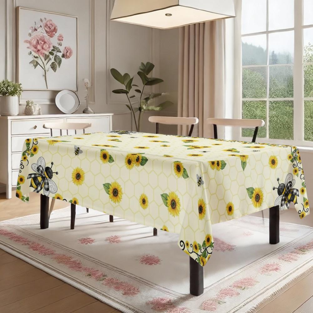 Sunflower Bee Topic Rectangle Tablecloth for Table Decor Kitchen Dining Waterproof Reusable Tablecloths for Table Holiday Party