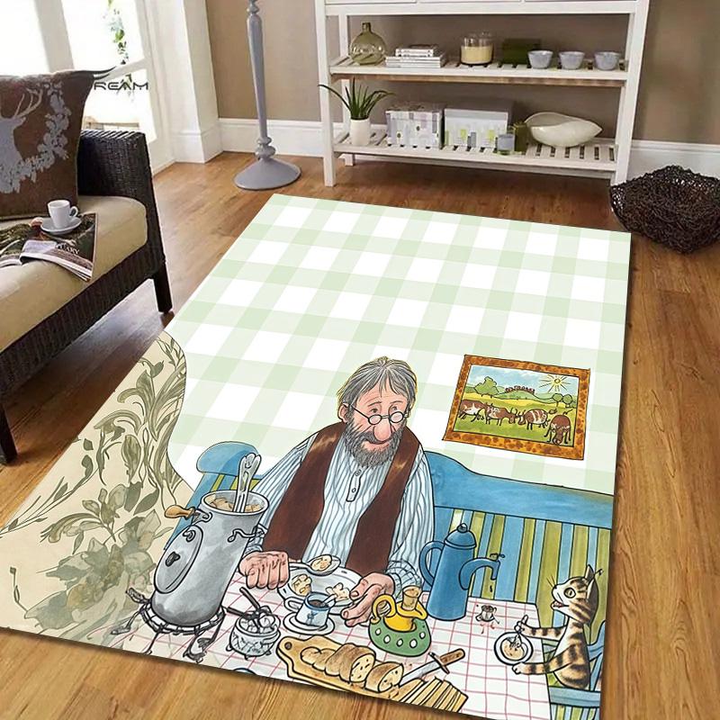 Pettson and Findus Flannel Pattern Square Carpet,Area Rug,Carpet Rug for Living Room Bedroom Sofa Playroom Decor,Non-slip Floor Mat