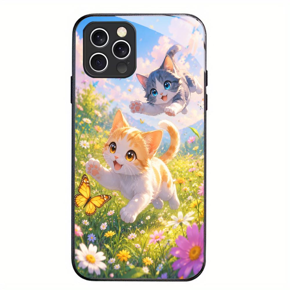 Kitten Tempered Glass Case For iPhone 17 16 Plus 15 Pro 13 14 12 Anti Scratch Raised Camera Lens Protection Cellphone Shell