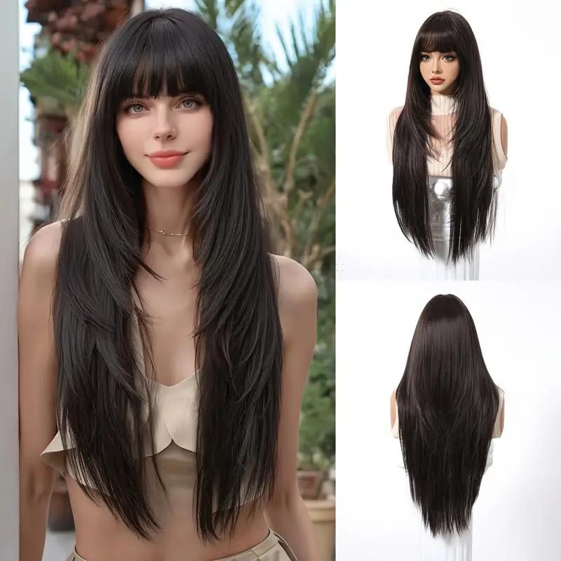 Synthetic Layered Wig Long Rose Gold Straight Wigs with Bangs Blonde Cosplay Party Natural Hair Wigs for Women Heat Resistant