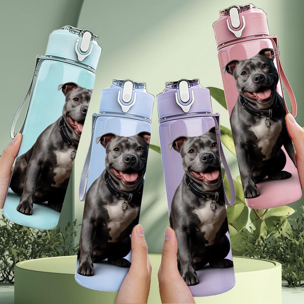 1PC Black Pitbull Dog Animal Portrait Print 750ml Color Plastic Sports Water Bottle Leakproof Flip Straw Lid Suitable for Sports Office Home Use