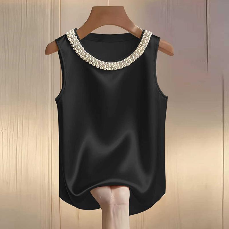 Elegante Camicia in Raso Donna Estate Design con Perline Blusa di Seta Donna T-shirt Canotta Larga Donna Canottiere T-shirt da Donna