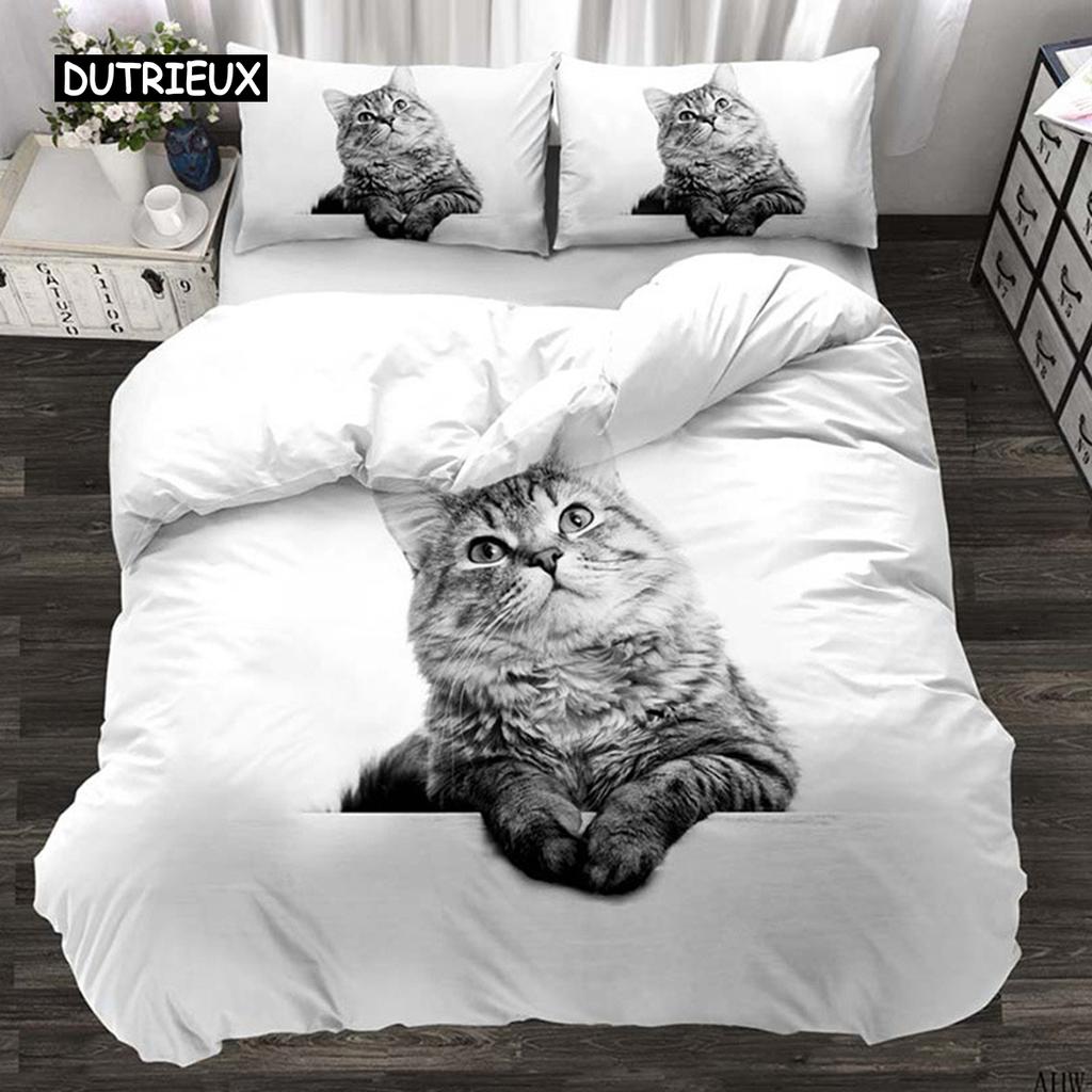 3D Digital Printing 2/3pc Animal Cat Pattern Quilt Cover Pillowcase Double Bed Set Cover Quilt Soft Microfiber Bedding Set
