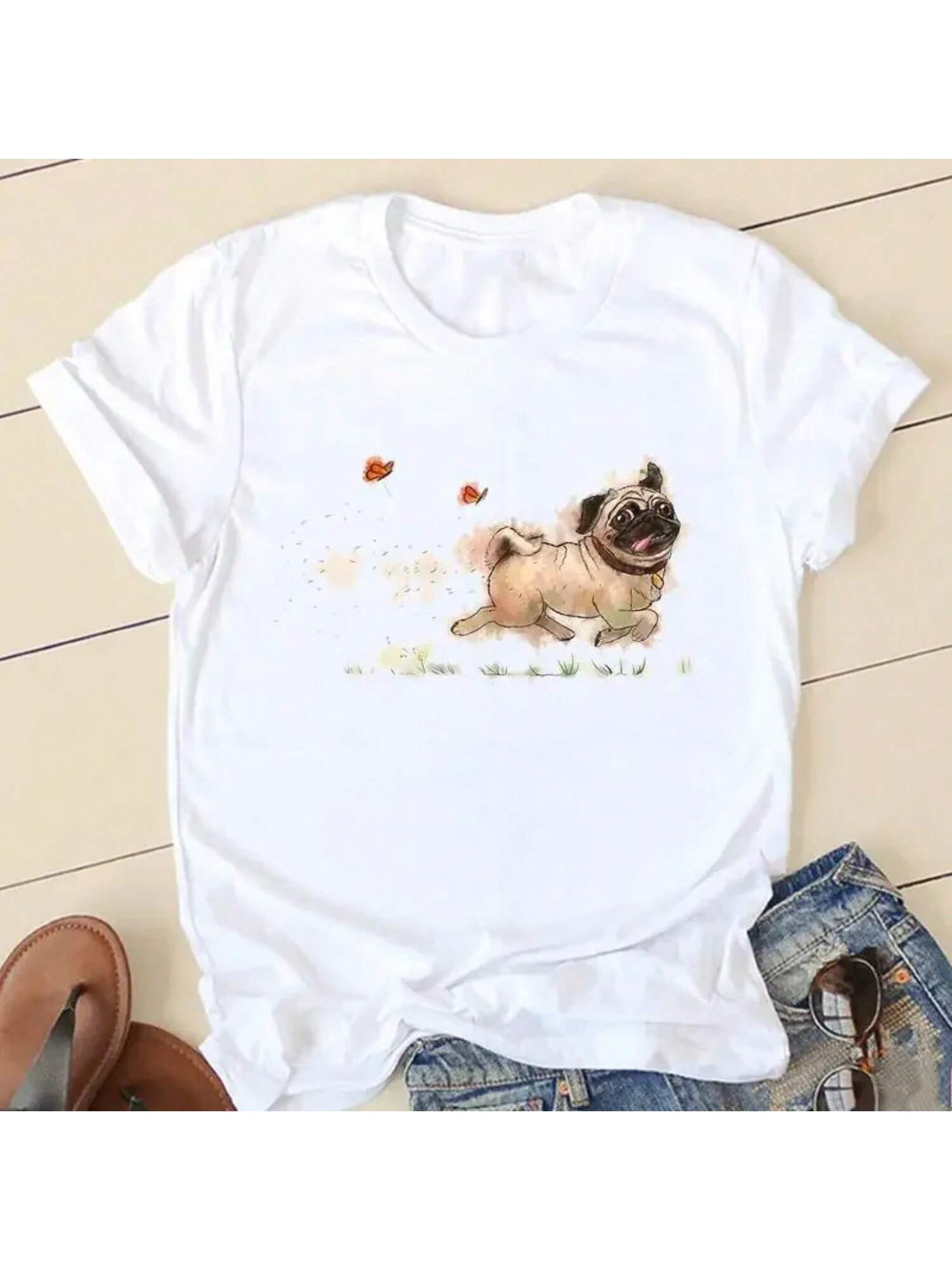 

Women Sweet Love Pug T-Shirts Ladies Fashion Clothing Short Sleeve Cartoon Clothes Spring Summer Female Tee Graphic Tshirt XXXXXL чёрный