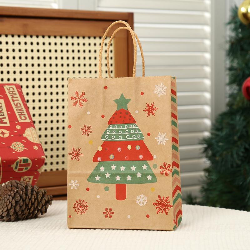 4-Pack Small Christmas Gift Bags, Red Christmas Tree, Santa Hat, Portable Kraft Paper Bags, Party Bakery Store Gift Packaging