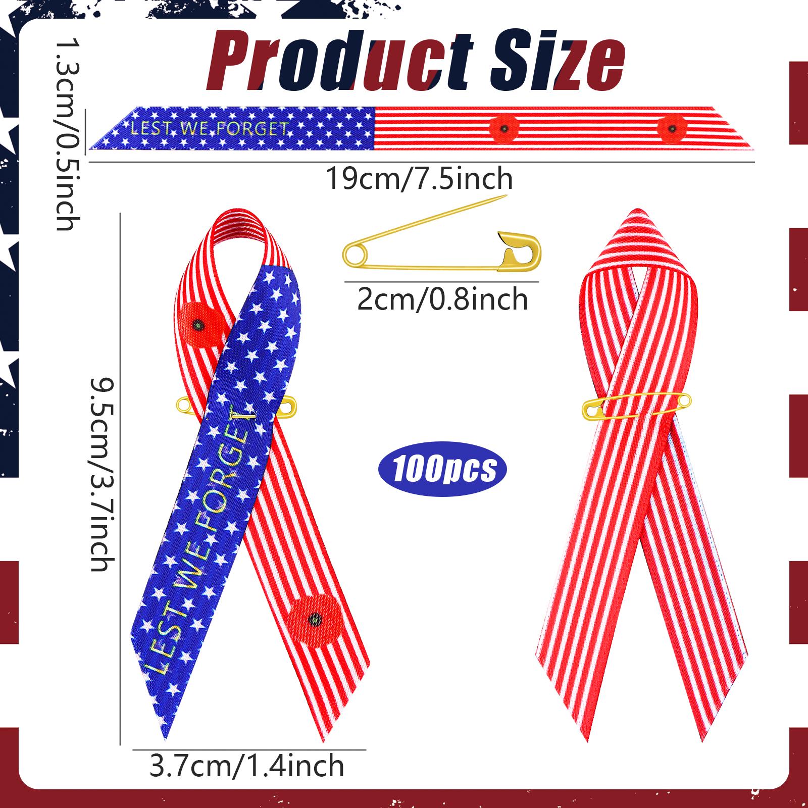 

100 Pcs Veterans Day American Flag Poppy Ribbon Pins Patriotic Lest We Forget Red White Blue Stripe Fabric Ribbon Brooches Pins синий