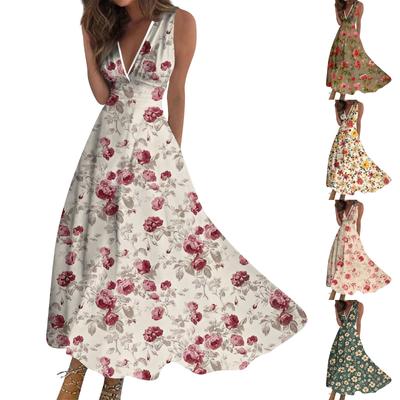 Women's Fashion Summer Small Floral V-Neck Sleeveless Tunic Casual Dresses