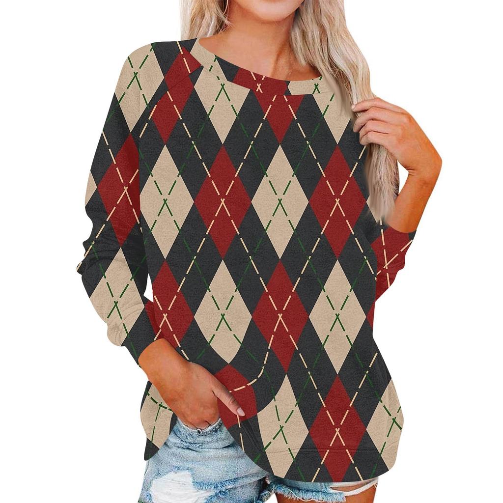 Damen Modisches Rundhals Schulter Langarm Bedrucktes Lässiges Pullover-Oberteil