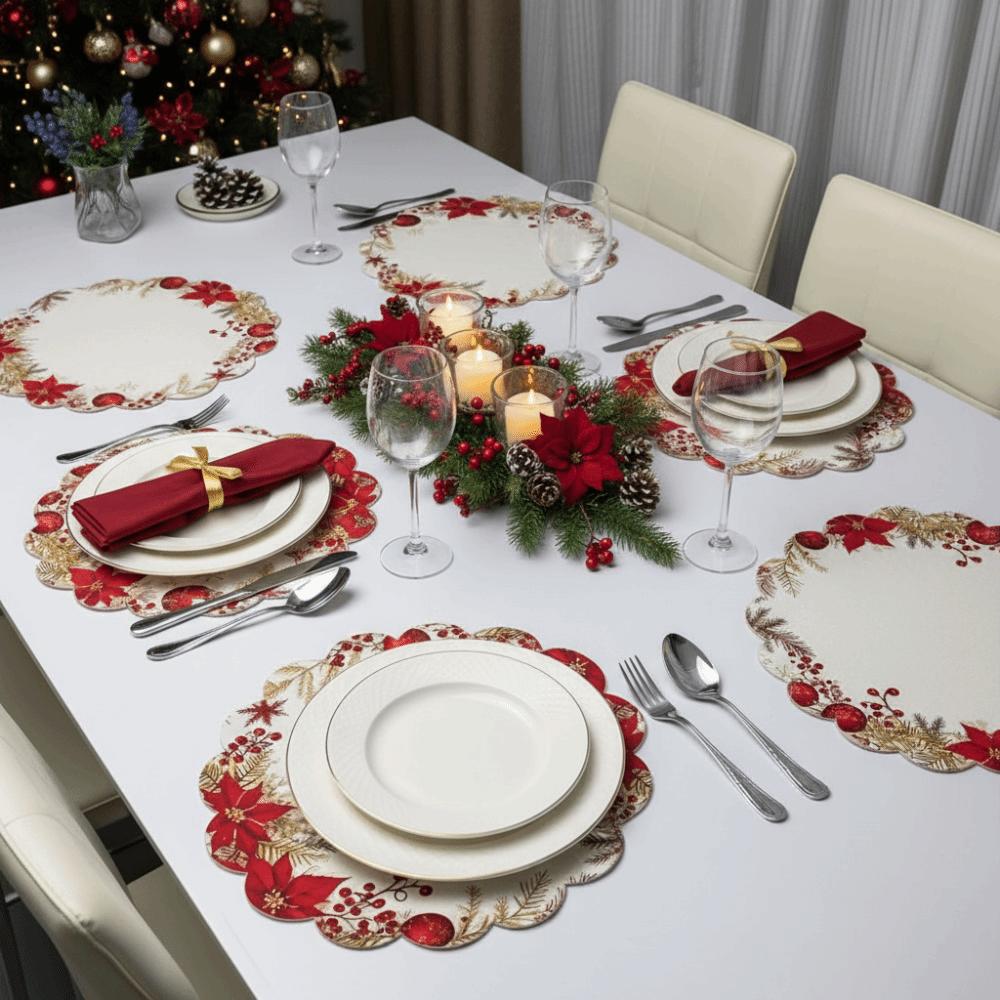 6pcs Easy Clean Red Berry Mat Heat Resistant Scalloped Dining Decor Holiday Dinner Mat Home Dining