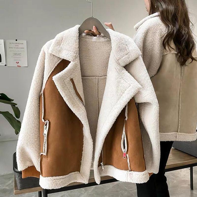Women Loose Thick Warm Lamb Wool Motorcycle Casual Outerwear Coat