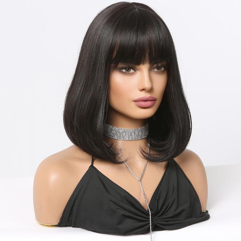 Black BoBo Synthetic Wig with Bangs Shoulder Length Bob Straight Wig for Women Cosplay Daily Hair Wig Heat Resistant Wigs