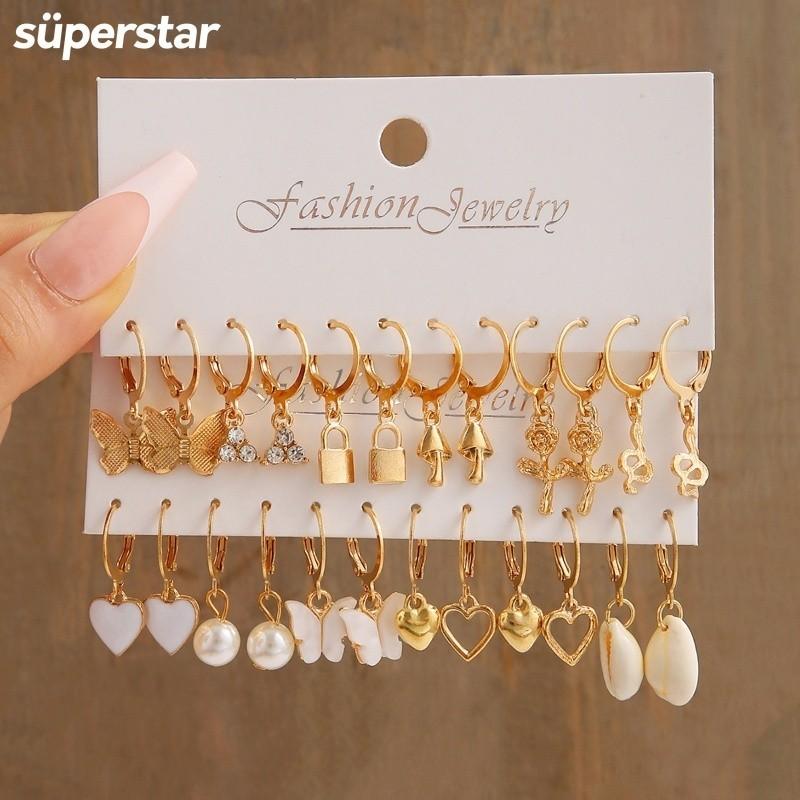 17KM Vintage Gold Color Hoop Earrings Set Pearl Metal Dangle Earrings for Women Crystal Twist Earrings Trendy Fashion Jewelry