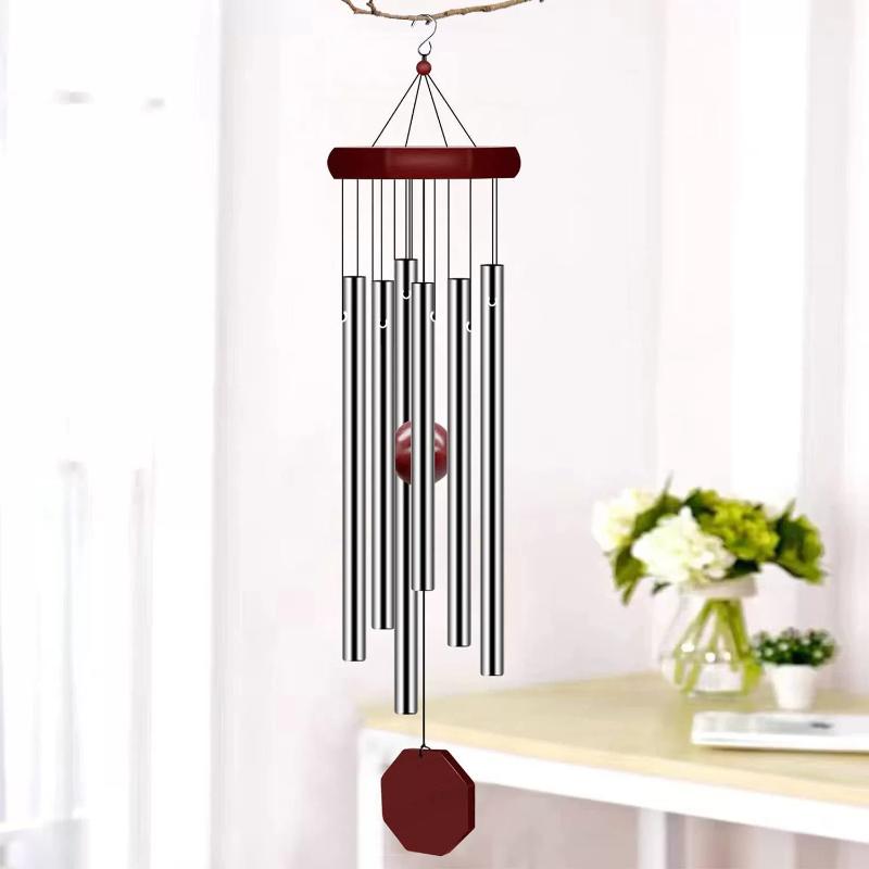 1Pc Wind Chime Octagonal Wood Hang Tag 6 Metal Tubes Courtyard Corridor Balcony Decor Retro Red Wood Aluminum Pipes