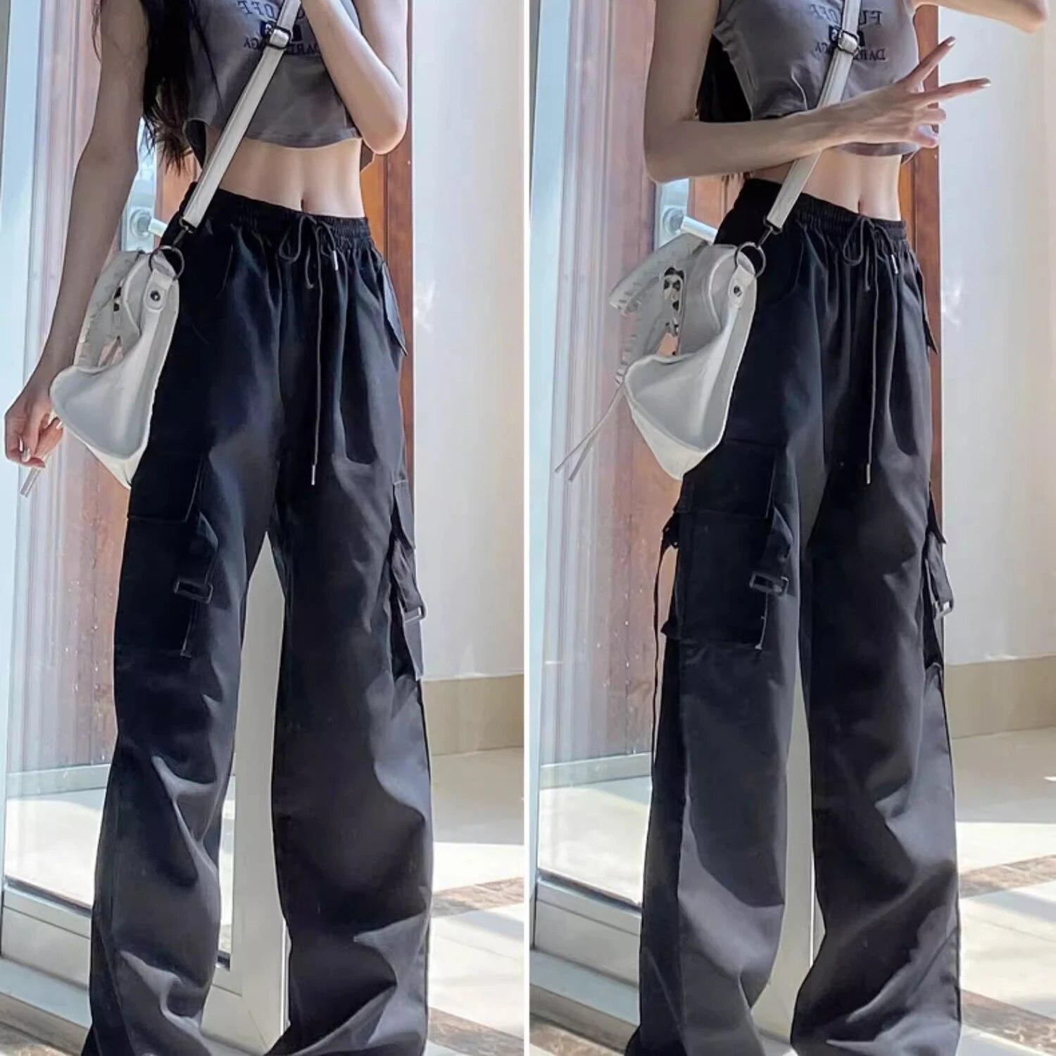 

Женские брюки-карго Y2K, уличная одежда с высокой талией, брюки в стиле хип-хоп, женские повседневные мешковатые спортивные штаны с большими карманами и высокой талией на шнурке S чёрный