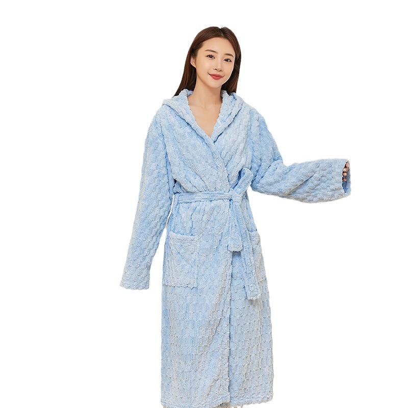 Coral Fleece Plaid Bathrobe - Soft, Thick, Long Sleeve, Unisex Pajamas