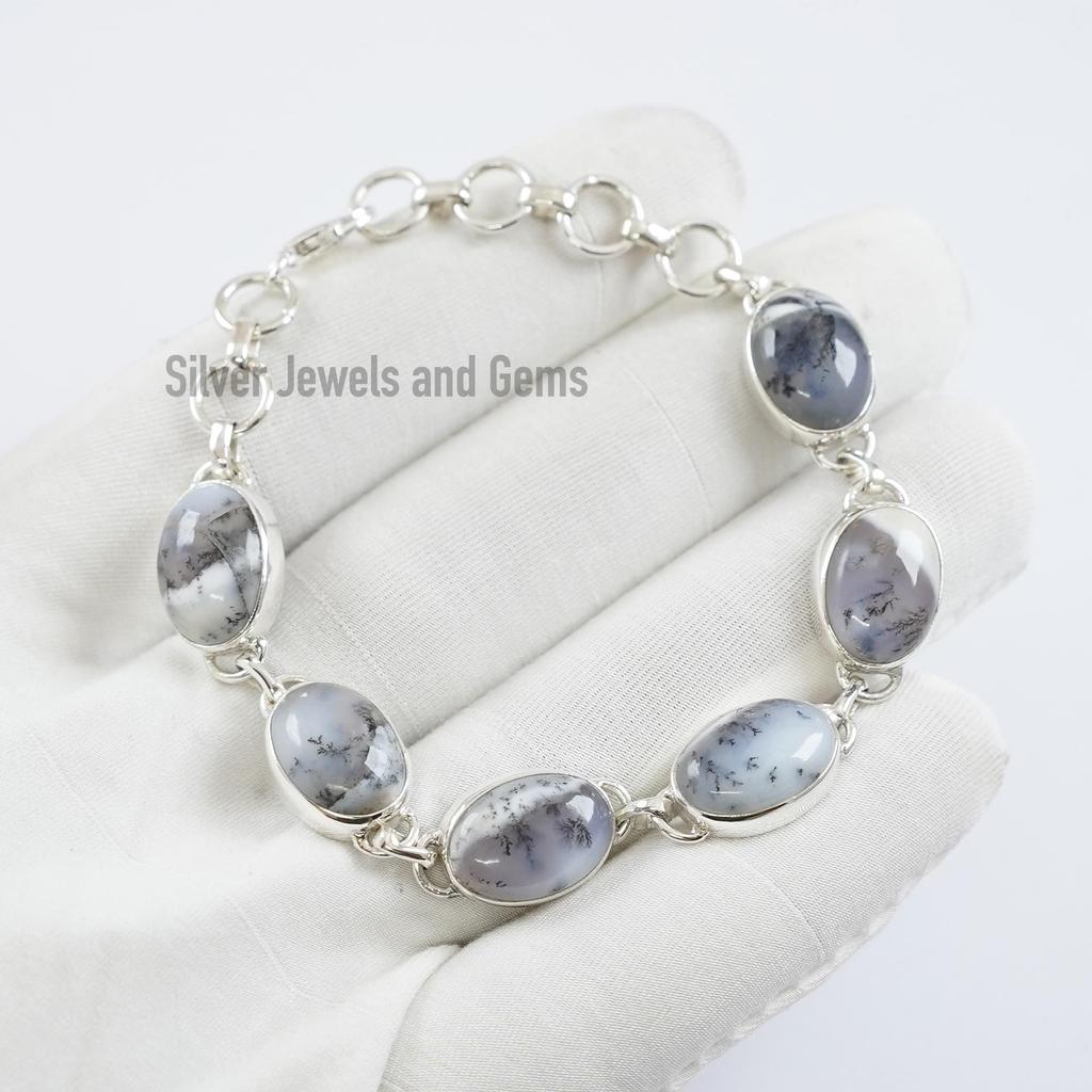 Oval Dendrite Opal Bracelet, 925 Sterling Silver Gemstone Bracelet