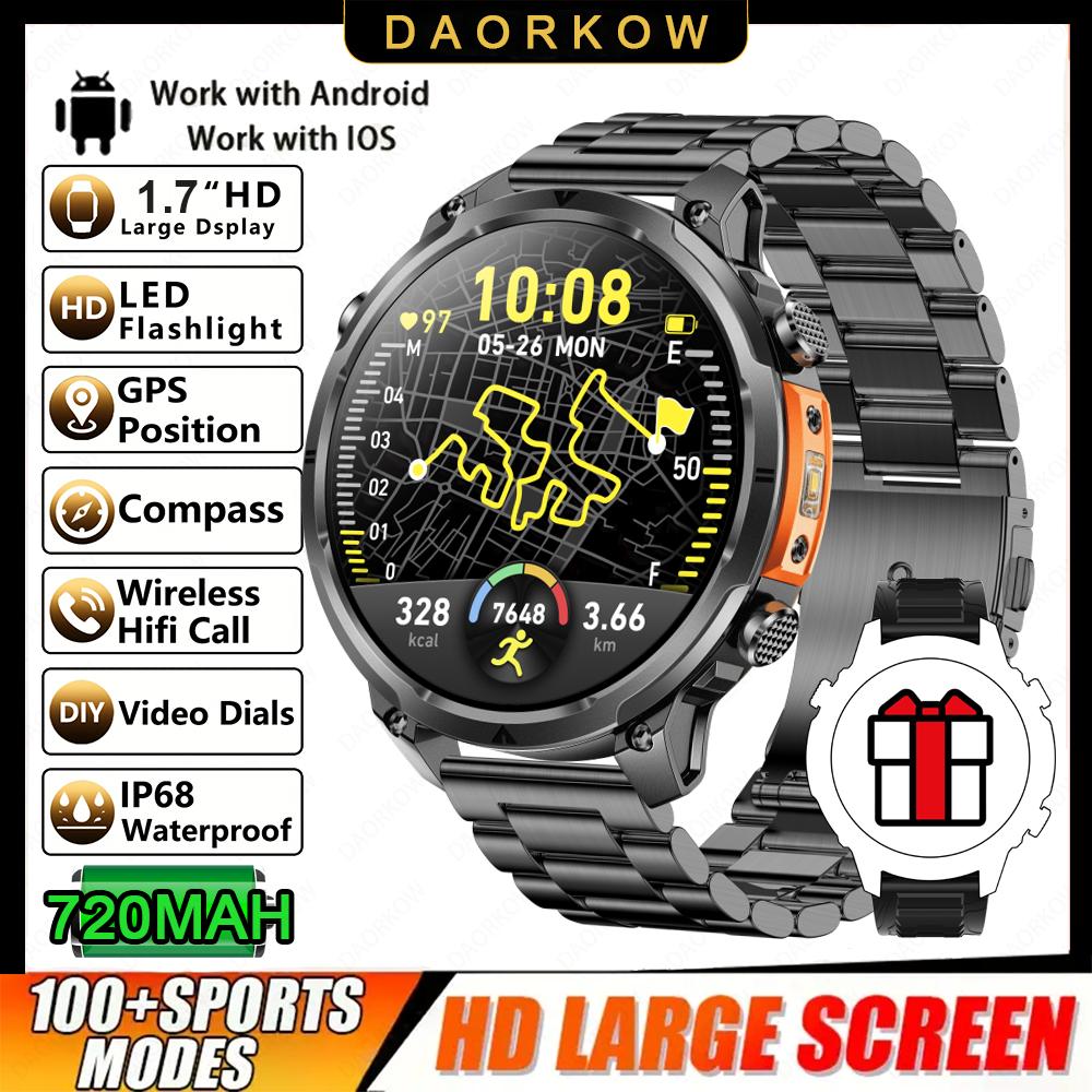 New Men GPS Smartwatch 1.7" HD Screen Military Call IP68 Waterproof 100 Sport Modes Smart Watch with 720mAh Large Battery