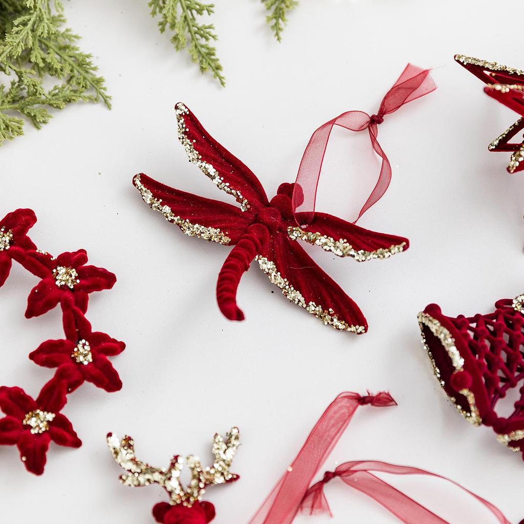 Red Flocked Reindeer Bow Pendant with Dragonfly Wreath for Christmas Tree