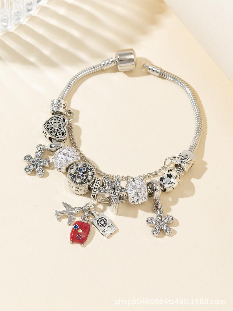 DIY Travel Beaded Bracelet With Passport Suitcase Airplane Charms Sparkling Rhinestone Jewelry For Women