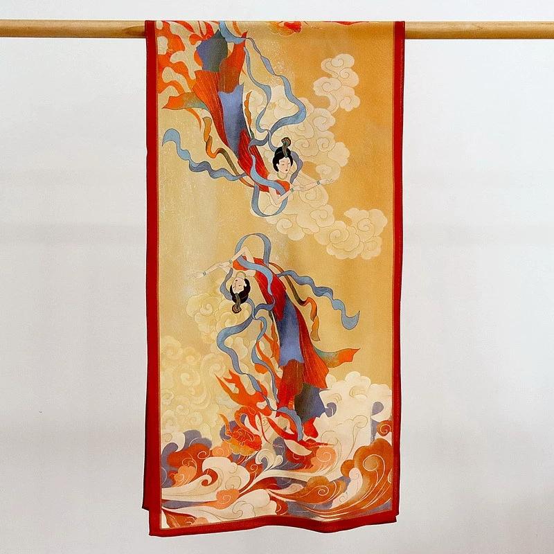 Chinese Style Fairy Dunhuang 100% Pure Silk Scarf for Women INS Luxury Hangzhou Long Silk Scarf 140x35cm