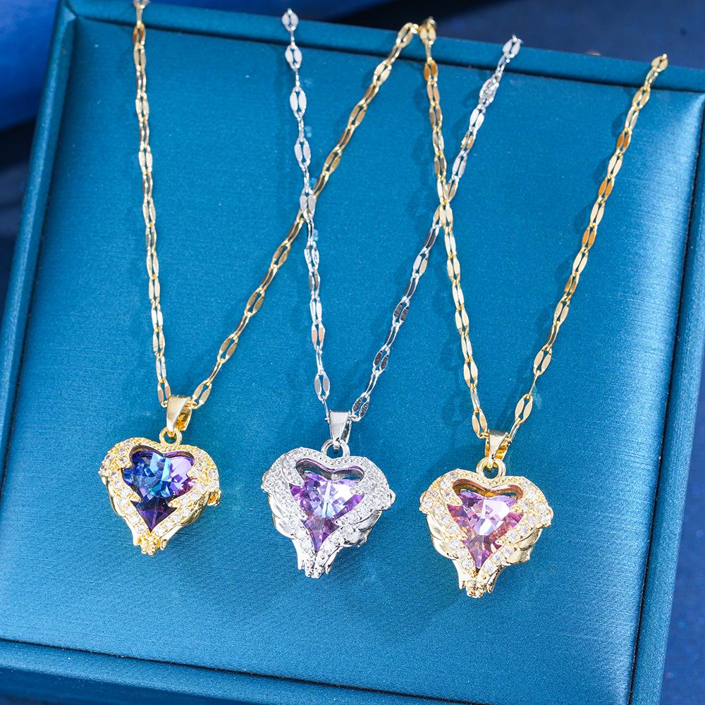 Blue-Purple Crystal Ocean Heart Necklace - Elegant Non-Fading Clavicle Chain