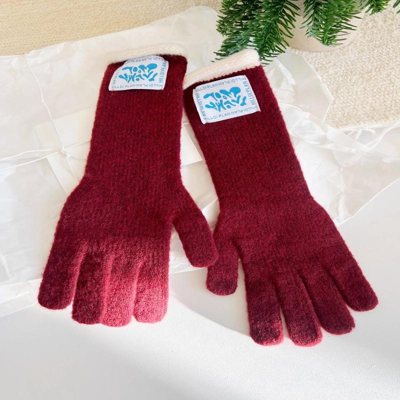 

Korean Mid-Length Label Curly Warm Gloves For Women Dopamine Color-Blocking Knitted Touch Screen Student Five-Finger Gloves as the picture