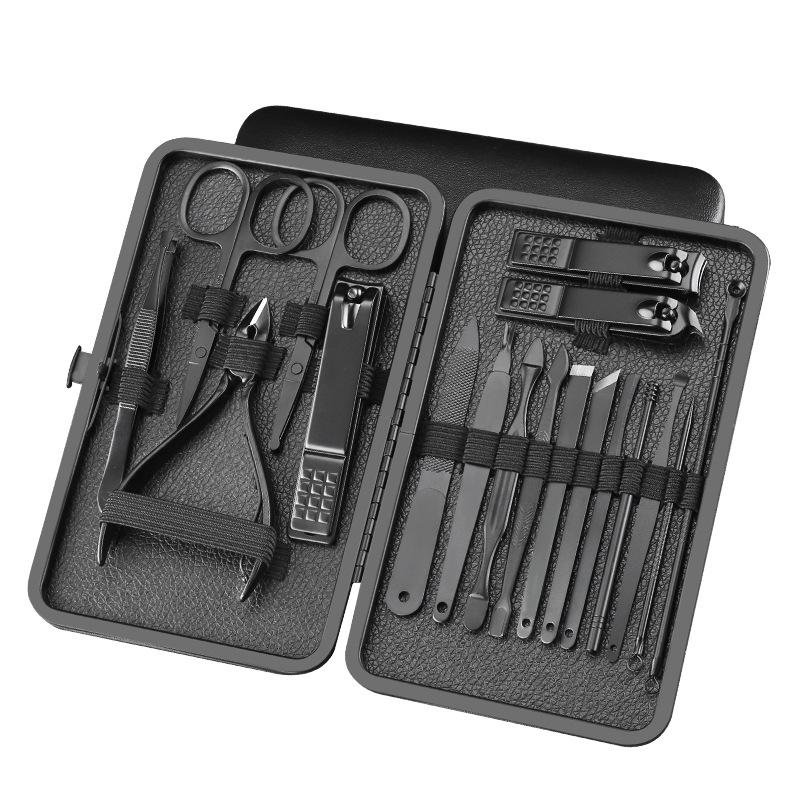 18-Piece Black Stainless Steel Nail Care Set: Clippers, Pedicure Tools, Tweezers, and Blackhead Removers