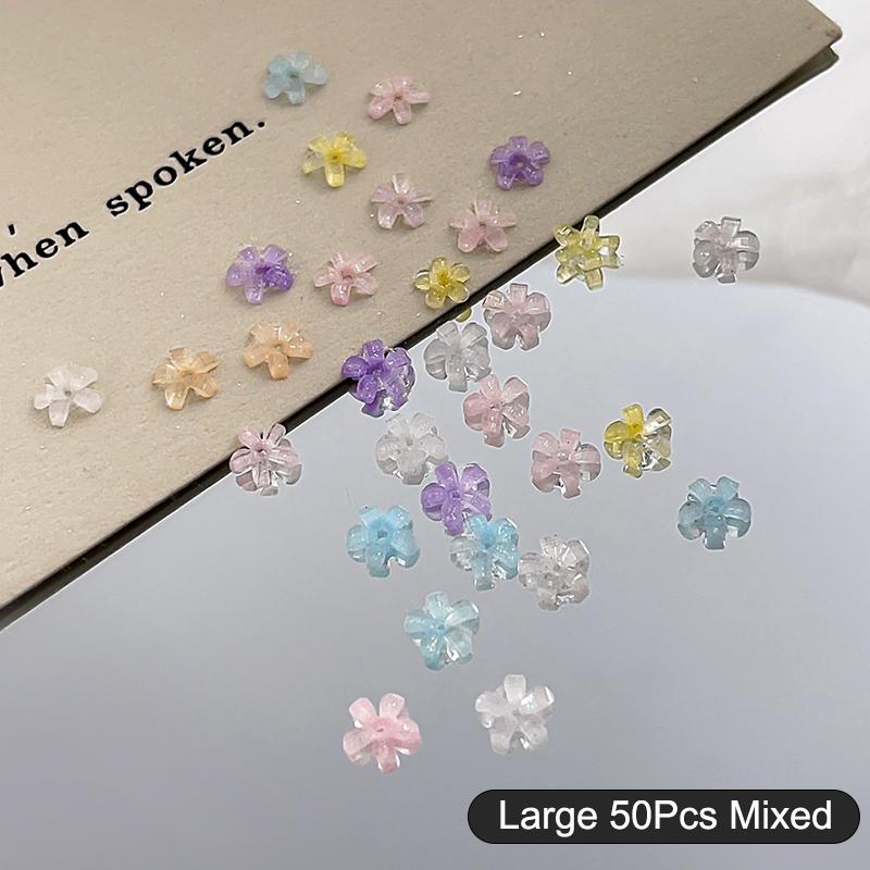 50Pcs Five Petal Flower Nail Art Charms Shine 3D Nail Decoration Macaron Color Manicure Accessories Resin Material DIY