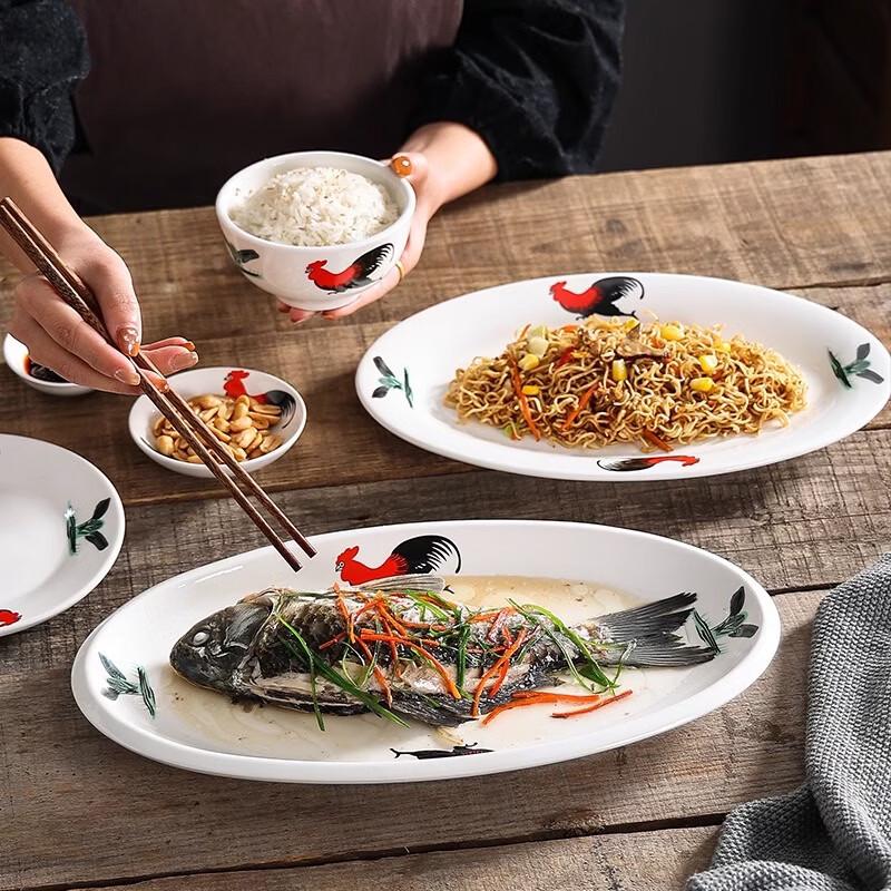 Zhishi Ceramic Rooster Deep Fish Steaming Plate
