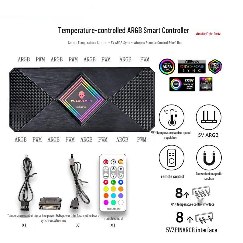 Magnetic 8-Port 5V 3-Pin ARGB Controller Hub with PWM & Wireless Remote