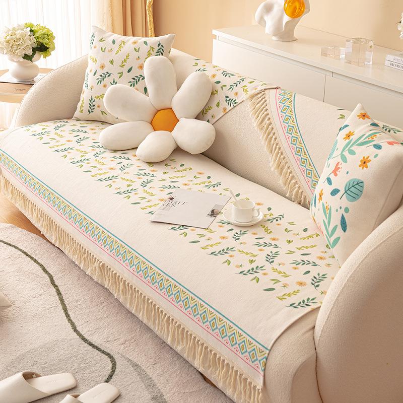 Cotton And Linen Sofa Cushion, Universal Non-Slip Seat Cushion For All Seasons, Old Coarse Cloth, Ethnic Style Fringed Sofa Cover Cover Cloth