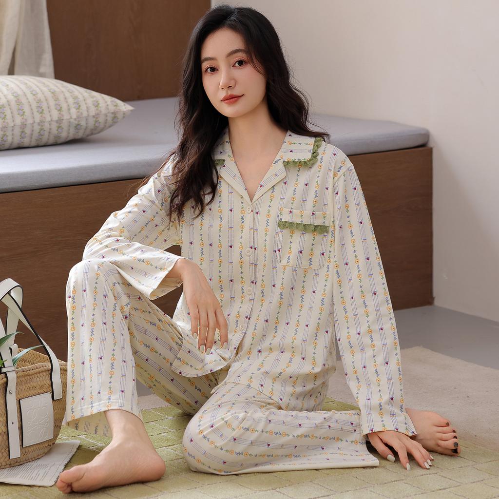 Women's pajamas pure cotton comfortable and simple thin spring and autumn cotton long-sleeved trousers cardigan loungewear can be worn outside set