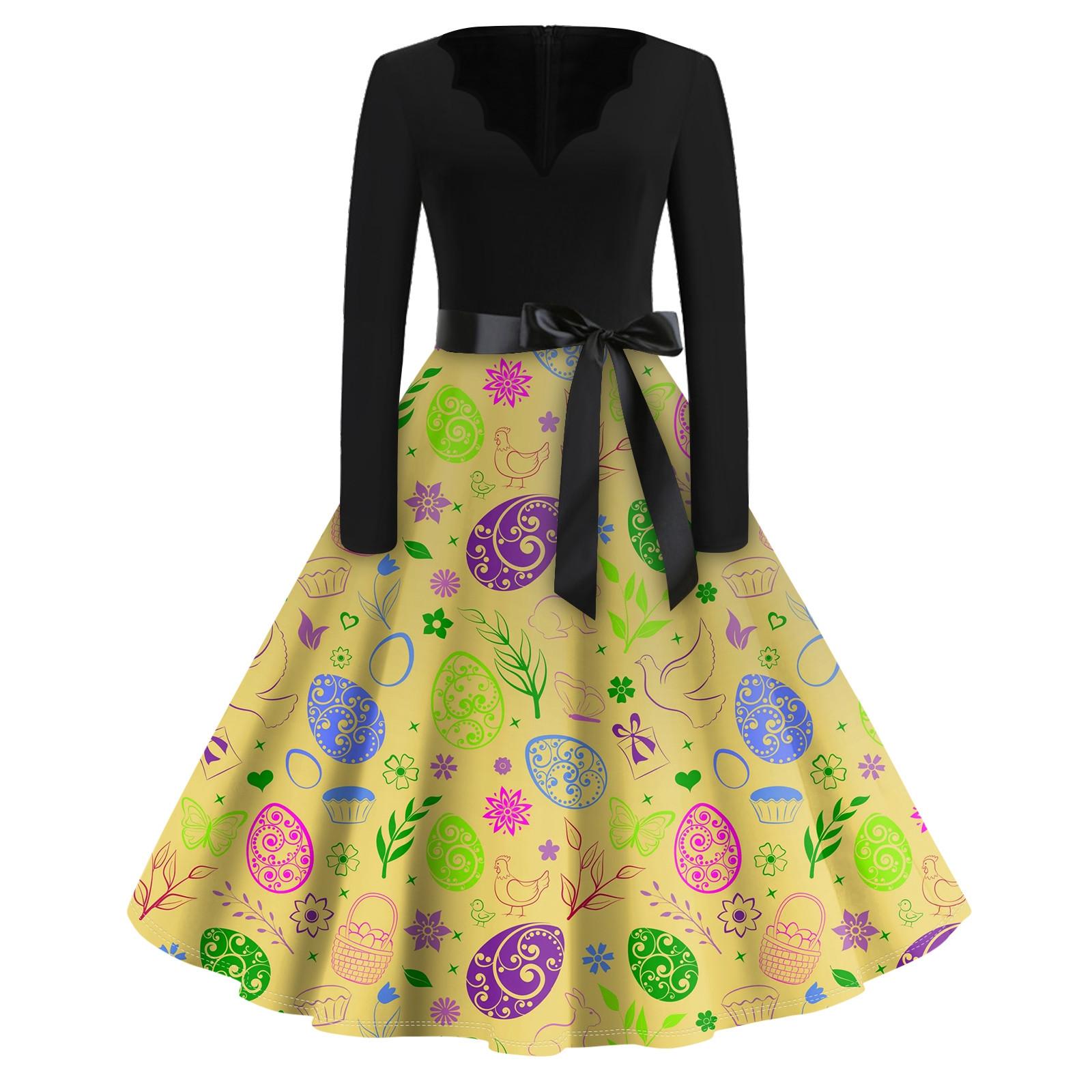 

Женская мода с v-образным вырезом, повседневные тонкие пасхальные платья с длинным рукавом и принтом XL жёлтый