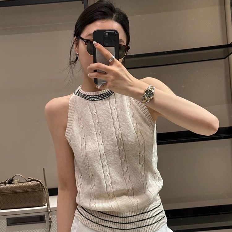 

Топ с круглым вырезом и кабельной вязкой в американском стиле, вязаный жилет, летний, облегающий, без рукавов M