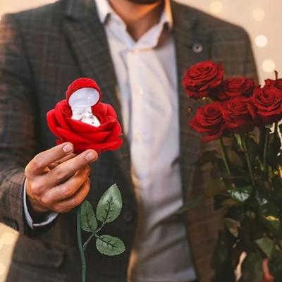 Realistic Rose Flower Ring Box Red Velvet Jewelry Display Box  Engagement Ring Storage