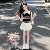 2026 New Girls' Summer Outfit: Stylish Korean Pleated Skirt & Striped Vest Set