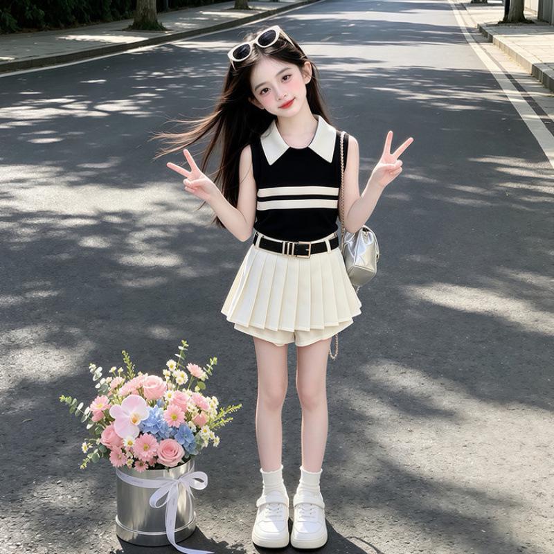 2026 New Girls' Summer Outfit: Stylish Korean Pleated Skirt & Striped Vest Set