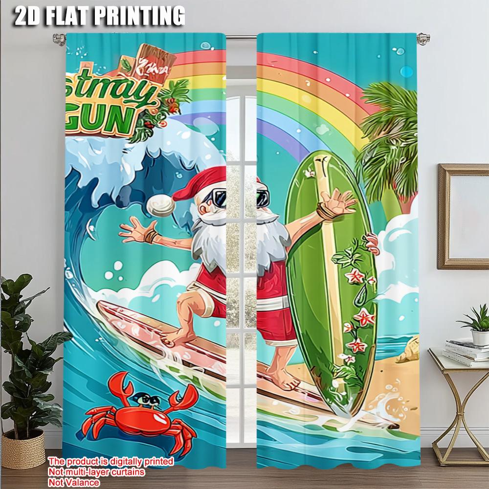 

2pcs,2D plane printing Curtain Fabric Merry Christmas Santa Surfing Beach Polyester Fabric (without rod) Gifts Use for Living 52.50 × 116.00 cm 2 pcs