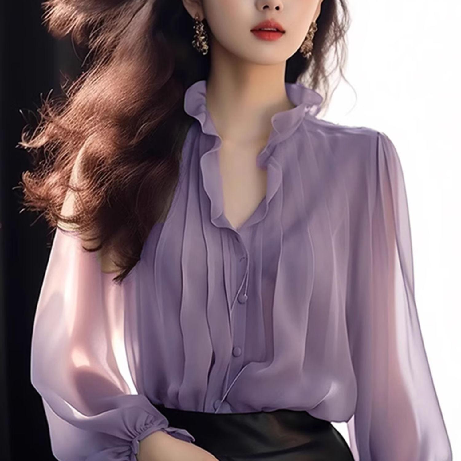 

Ladies Spring Autumn Elegant V-neck Shirt Casual Long-sleeved Ruffled Collar French Lantern Sleeve Solid Color Chiffon Shirt 3XL