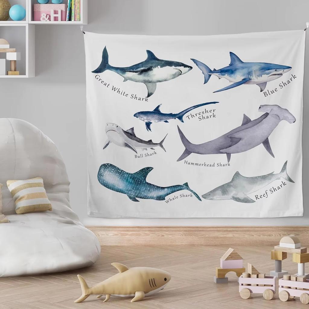 Educational Ocean Shark Tapestry, Coastal Beach Wall Hanging With Types Of Sharks For Kids Room Decor Gift