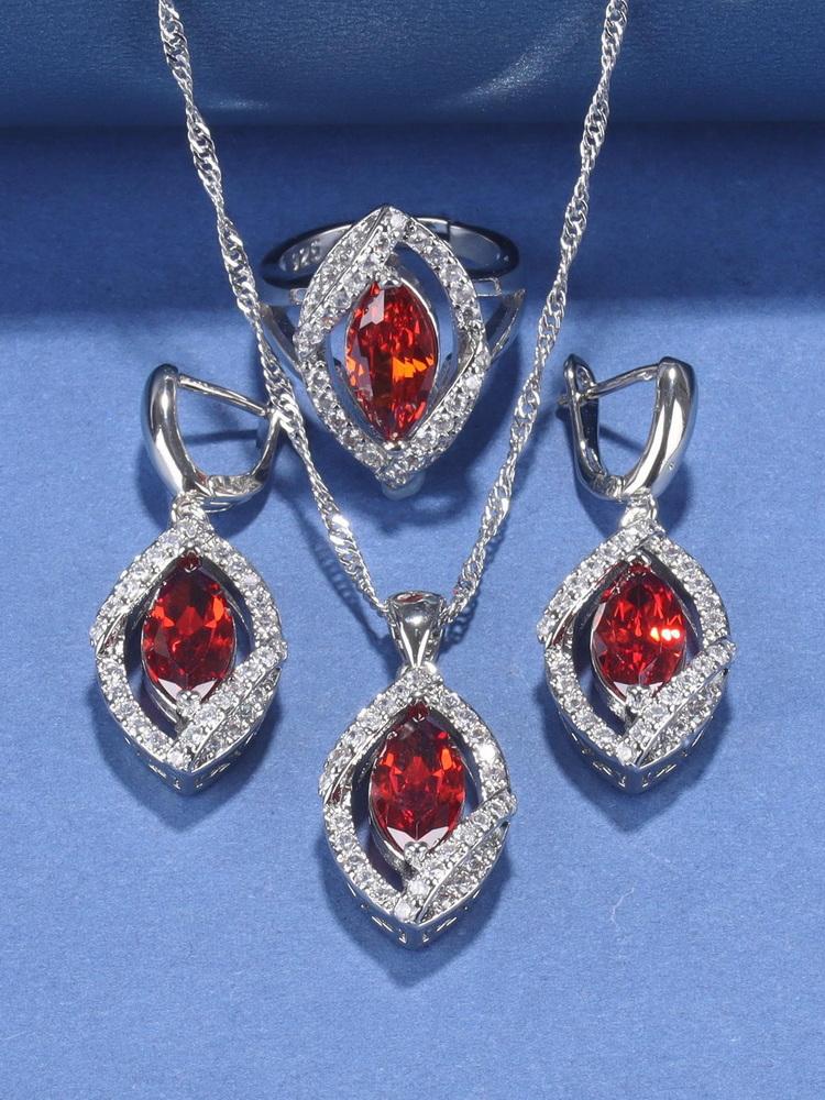 

Dubai Wedding Fine Jewelry Accessory Quality Red Garnet Bracelet And Ring Women Earrings Necklace Sets 10