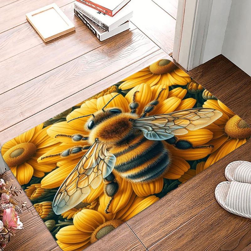 Bees and Flowers Printing Non-Slip Small Rug Waterproof Easy Clean Floor Mat for Indoor Outdoor Use Durable Home Decor Fashion