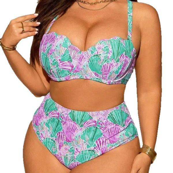 Women's Plus Size Underwire Push Up Bikini Set, Seashell Print High Waist Two Piece Swimsuit