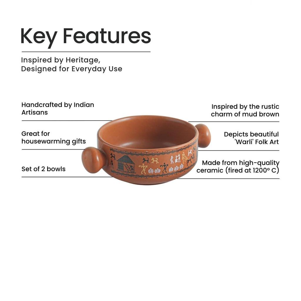 'Warli Village Tales'Ceramic Bowl Ceramic Serving Bowls Set with Handle Snack Bowl (Set of 2, 350 Ml, Microwave Safe, Handcrafted, Mud Brown)